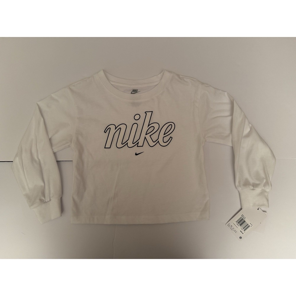 Nike Girls Medium Shirt White Long Sleeve Black Logo Letters Casual Kids Top NWT